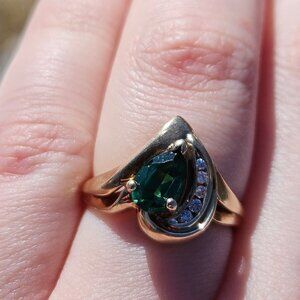 10K Yellow Gold Diamond & Lab Created Emerald Cocktail Art Deco Ring Size 6.75